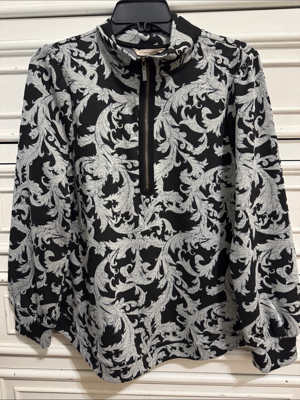 Soft Surroundings Black & Grey Scroll Zip Pullover